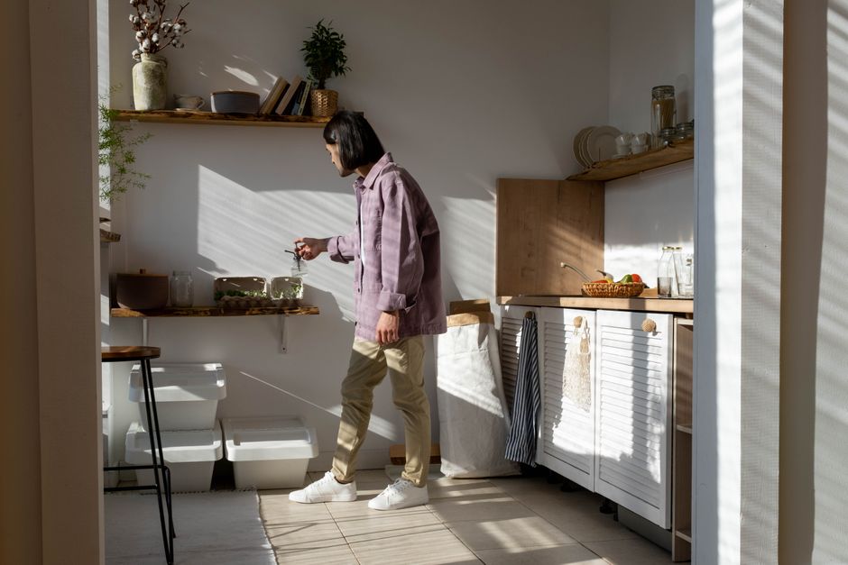 Zonlicht verlicht keuken met energiezuinige apparaten.